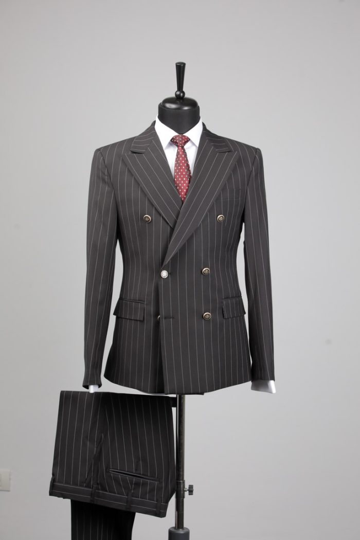 Costum Negru în Dungi la Două Rânduri – Țesătură Subțire - imagine 5