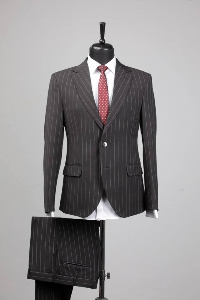 Costum Negru în Dungi din lână Țesătură Subțire - imagine 6