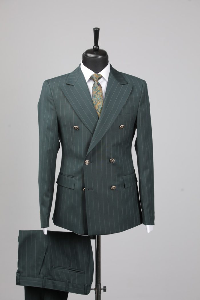 Costum Verde cu Dungi la Două Rânduri de Nasturi – ROSINNI - imagine 7