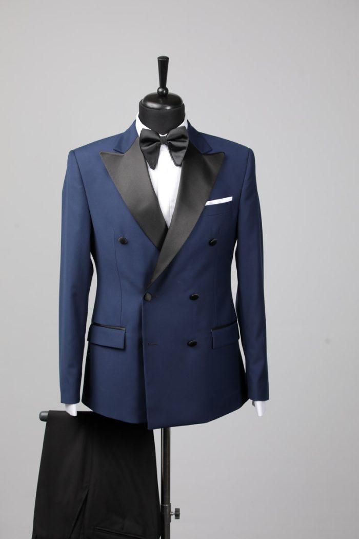 Costum de Mire Albastru la Două Rânduri cu Pantaloni Negri - imagine 4